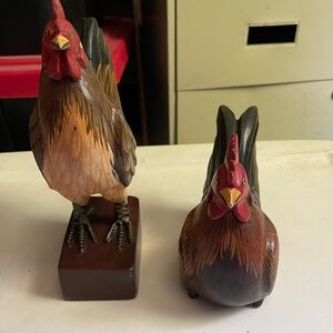 Hand Crafted Red and Brown Rooster Figurine Pair